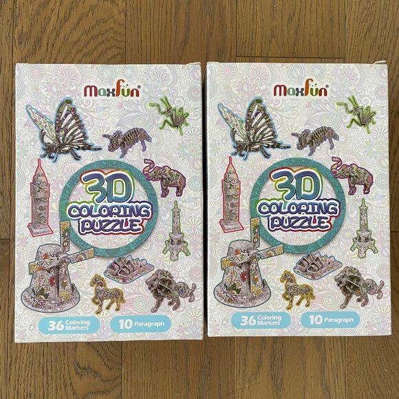 Max Fun 2x10 Pack 3D Coloring Puzzles Set for Kids with 36 Coloring Pen Markers - Picture 1 of 3